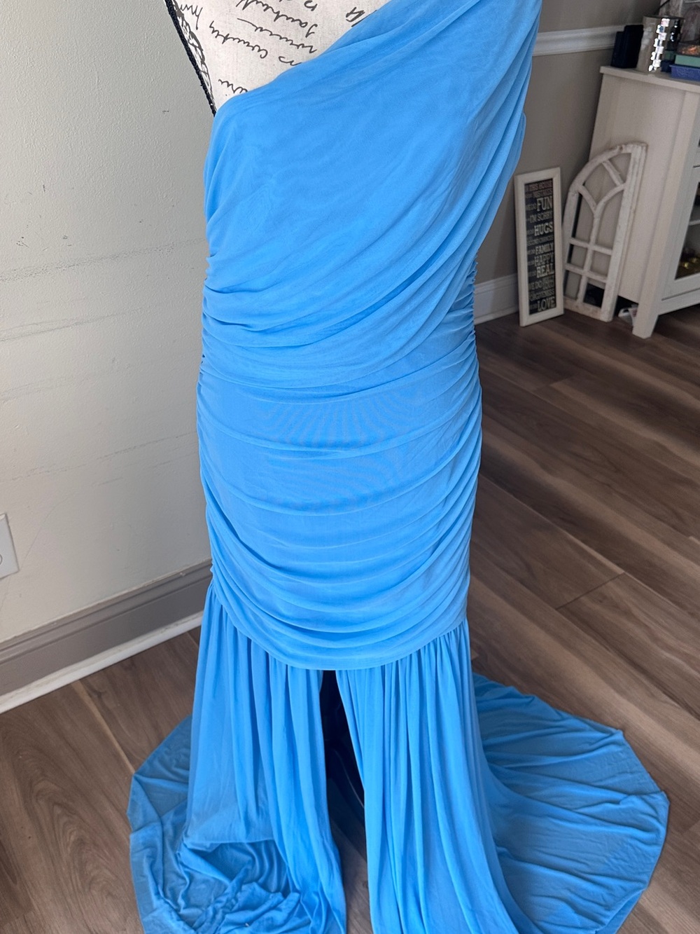 One-Shoulder Sky Blue Ruched Evening Gown